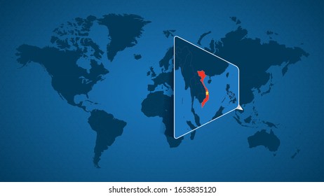 Detailed world map with pinned enlarged map of Vietnam and neighboring countries. Vietnam flag and map.