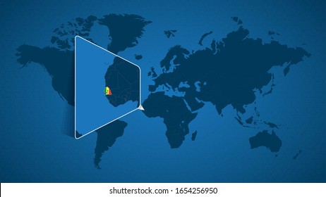 Detailed world map with pinned enlarged map of Senegal and neighboring countries. Senegal flag and map.