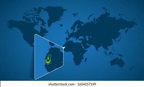 Detailed world map with pinned enlarged map of Mauritania and neighboring countries. Mauritania flag and map.