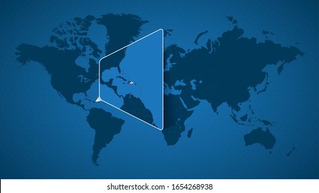 Detailed world map with pinned enlarged map of Dominican Republic and neighboring countries. Dominican Republic flag and map.