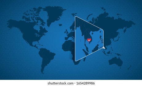 Detailed world map with pinned enlarged map of Cambodia and neighboring countries. Cambodia flag and map.