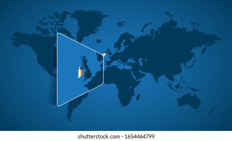 Detailed world map with pinned enlarged map of Ireland and neighboring countries. Ireland flag and map.