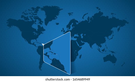 Detailed world map with pinned enlarged map of Puerto Rico and neighboring countries. Puerto Rico flag and map.