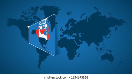 Detailed world map with pinned enlarged map of Canada and neighboring countries. Canada flag and map.