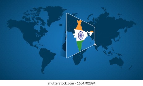 Detailed world map with pinned enlarged map of India and neighboring countries. India flag and map.