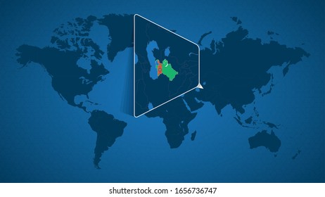 Detailed world map with pinned enlarged map of Turkmenistan and neighboring countries. Turkmenistan flag and map.