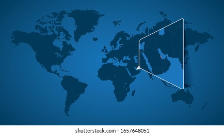 Detailed world map with pinned enlarged map of Qatar and neighboring countries. Qatar flag and map.