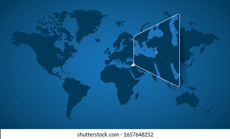 Detailed world map with pinned enlarged map of Lebanon and neighboring countries. Lebanon flag and map.