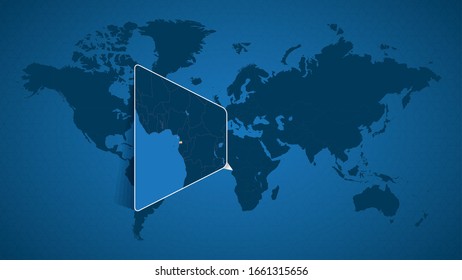 Detailed world map with pinned enlarged map of Equatorial Guinea and neighboring countries. Equatorial Guinea flag and map.