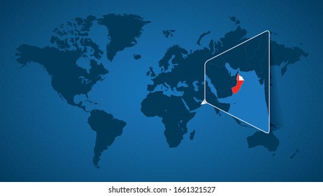 Detailed world map with pinned enlarged map of Oman and neighboring countries. Oman flag and map.