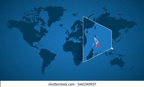 Detailed world map with pinned enlarged map of Philippines and neighboring countries. Philippines flag and map.