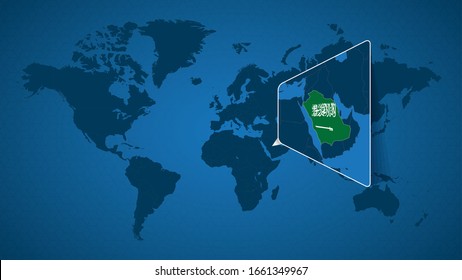 Detailed world map with pinned enlarged map of Saudi Arabia and neighboring countries. Saudi Arabia flag and map.