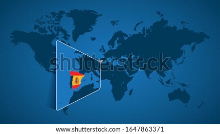Detailed world map with pinned enlarged map of Spain and neighboring countries. Spain flag and map.