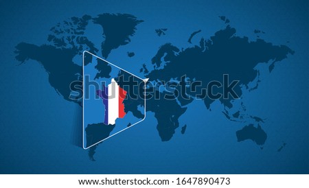 Detailed world map with pinned enlarged map of France and neighboring countries. France flag and map.