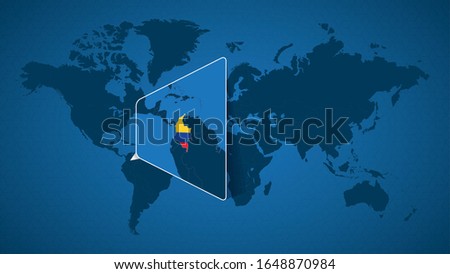 Detailed world map with pinned enlarged map of Colombia and neighboring countries. Colombia flag and map.