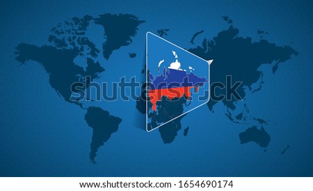 Detailed world map with pinned enlarged map of Russia and neighboring countries. Russia flag and map.