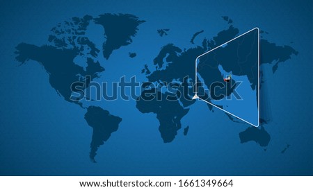 Detailed world map with pinned enlarged map of United Arab Emirates and neighboring countries. UAE flag and map.