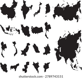 A detailed world map silhouette collection representing continents, countries, and geographic regions in a clean vector format. Perfect for educational materials, geography lessons, travel presentations, business reports, global analytics dashboards, and international marketing projects requiring cartographic elements.