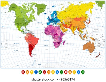 Detailed World Map spot colors and colorful map pointers. Highly detailed spot colored illustration of World Map: land contours, countries and land names, city names and water object names.