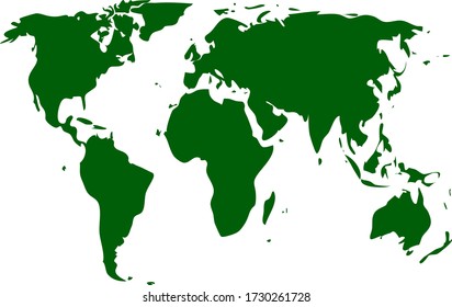 Plantilla de mapa del mundo detallada sobre fondo blanco. Textura o fondo para salvapantallas en color verde, diseño plano. Ilustración vectorial.
