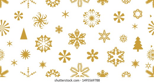 Detailed Xmas seamless pattern with trendy geometric motifs. Golden snowflakes and circles with different ornaments. Retro design collection. On white background.
