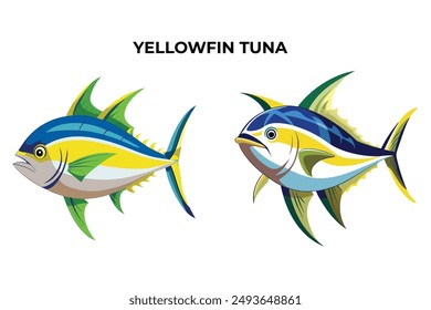 Detailed Yellowfin Tuna fish vector illustration. Perfect for culinary, marine, and environmental designs. High-quality vector for easy customization. Ideal for menus, packaging, education, and web gr