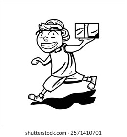 A detailed yet cartoon-style illustration of a delivery worker posing with a package in hand, ready to deliver. The character is depicted with expressive facial features, a professional uniform, and a