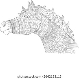 Detailed Zentangle Horse Head Coloring Page, An intricate black and white line drawing of a horse head featuring detailed zentangle patterns and mandala-inspired elements. Ideal for adult coloring