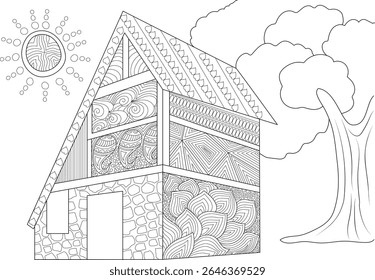 Página de cores detalhada da casa de Zentangle com sol e árvore, perfeito para o relaxamento do adulto e alívio de estresse, Fantasia extravagante inspirado na arquitetura medieval Ilustração de arte para hobbies criativos.