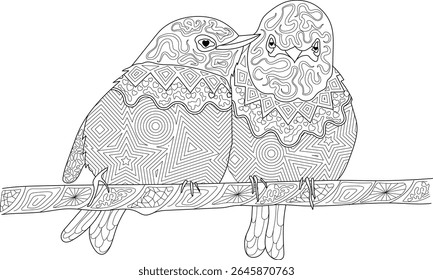 Detailed zentangle illustration of a pair of love birds on a branch, black and white line drawing perfect for coloring.