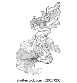 Detailed zentangle mermaid for coloring page