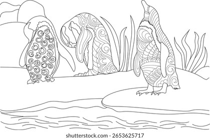 Detalhada ilustração de arte da linha de pinguins de Zentangle para colorir livros, apresentando três aves antárticas adoráveis com padrões abstratos, perfeito para atenção e atividades de relaxamento criativo.