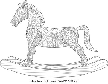 Detailed Zentangle Rocking Horse Line Art, Black and white line art illustration featuring a classic wooden rocking horse decorated with intricate zentangle-style patterns. Perfect for coloring