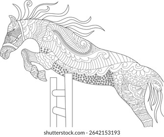 Detailed Zentangle Style Horse Jumping Coloring Page, Black and white line art illustration featuring a horse jumping over a hurdle, adorned with intricate, decorative patterns inspired by Zentangle