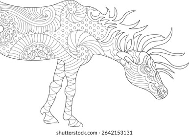Detailed Zentangle Style Horse Line Art, Intricate black and white line drawing of a horse in a detailed zentangle or doodle art style, perfect for adult coloring books, creative textile prints, or