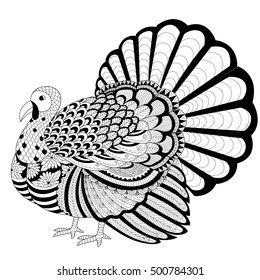 Detailed zentangle turkey for coloring page for adult and Thanksgiving invitation card