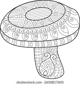 Ilustração de cogumelo inspirada em Zentangle detalhada para livros de colorir adultos, relaxamento consciente e projetos de design criativo exclusivos. Arte decorativa estilizada em linha de fungos.
