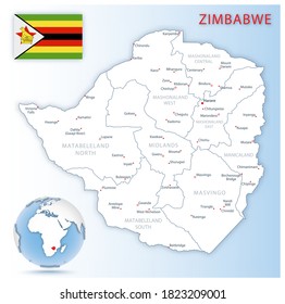 Detailed Zimbabwe administrative map with country flag and location on a blue globe. Vector illustration