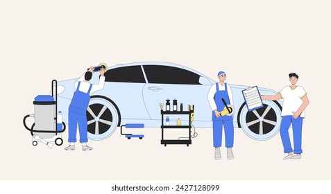 Detailing auto process. Polish car concept. Garage service team. Repair body. Remove scratch on vehicle. Workers with manager planing restoration exterior. Vector illustration. svg