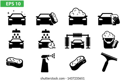 Detailing professional icons set. Vector illustrations of auto detail services of car wash, polishing, cleaning, waxing, reverb, ceramic coating and paint protective film.