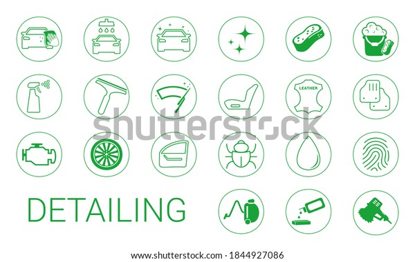 Detailing professional\
icons set. Vector illustrations of auto detail services of car\
wash, polishing, cleaning, waxing, reverb, ceramic coating and\
paint protective\
film.