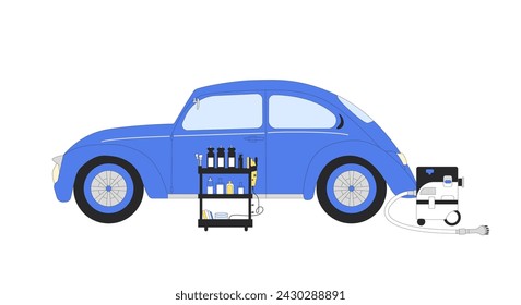 Detailing retro car concept. Polish and dry cleaning automobile. Garage service for old auto. Remove scratch on vehicle, restoration. Vector illustration isolated on white background. svg