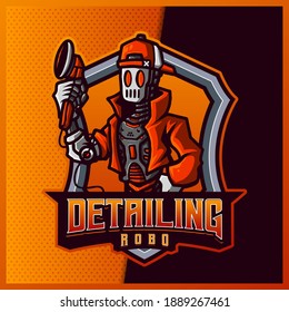 Detailliertes Logo-Design von Robot-Portrait und Sport-Maskottchen mit modernem Illustrationskonzept für Team-, Abzeichen-, Emblem- und T-Shirt-Druck. Automechanische Illustration auf isoliertem Hintergrund. Premium-Vektorgrafik