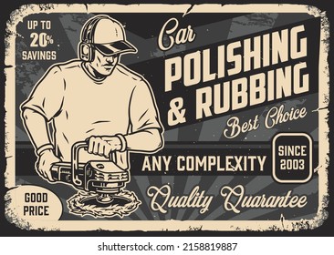 Detailing service monochrome vintage poster with inscription, car polishing worker in cap and ear protectors using buffing machine, vector illustration