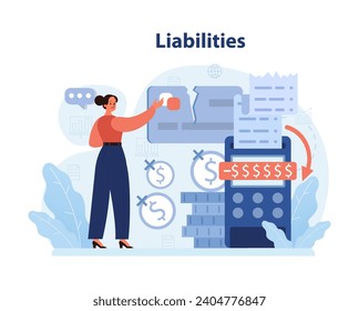 Detail-oriented accountant reviewing liabilities. Woman with a calculator, managing financial obligations and debts. Clear understanding of business finances. Flat vector illustration.