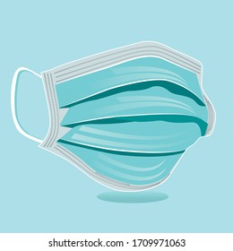 Details 3d medical surgical mask isolated on blue background. Vector illustration. COVID19 protection. Realistic mask to protect people from viruses and polluted air.