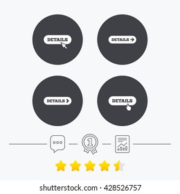 Details with arrow icon. More symbol with mouse and hand cursor pointer sign symbols. Chat, award medal and report linear icons. Star vote ranking. Vector
