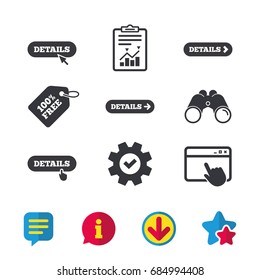Details with arrow icon. More symbol with mouse and hand cursor pointer sign symbols. Browser window, Report and Service signs. Binoculars, Information and Download icons. Stars and Chat. Vector