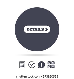 Details with arrow sign icon. More symbol. Website navigation. Report document, information and check tick icons. Currency exchange. Vector