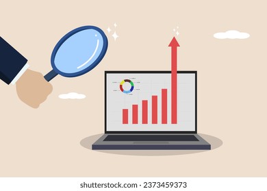 Details of business strategy, business analysis for success, looking for solutions to solve problems, businessman hands analyzing increasing graph data on laptop using magnifying glass.